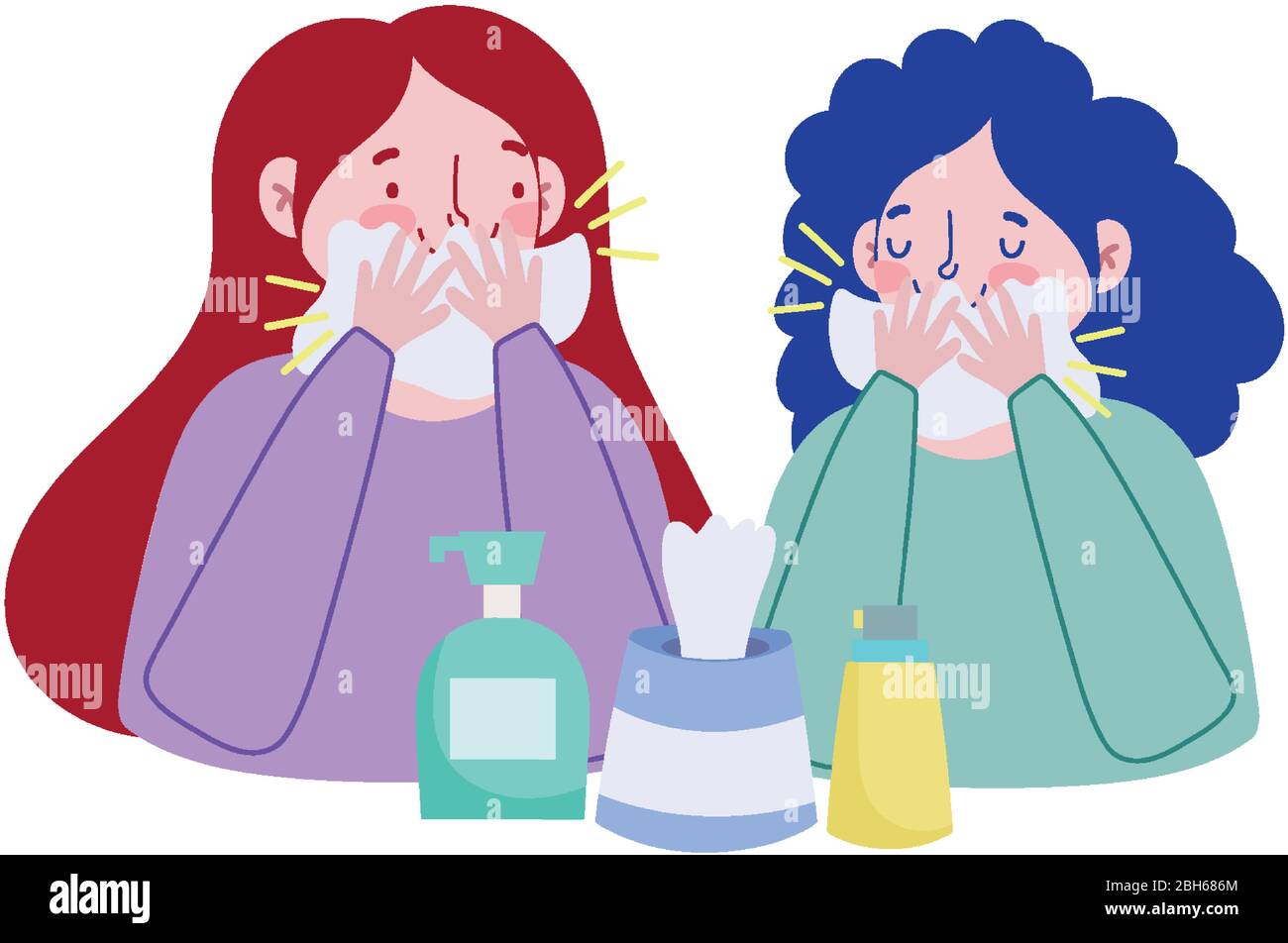 Women with cold tissues box and soap bottles design of Covid 19 virus ...