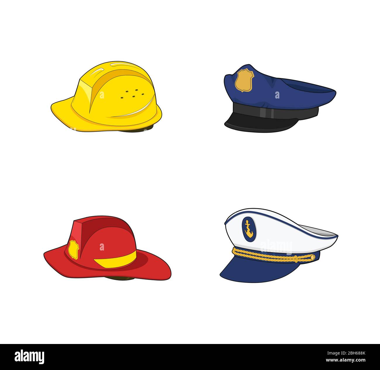 Workers uniform. Policeman, fireman, captain, builder hat set. Fireman Red and construction yellow helmet. Safety equipment. Cap and helmet collection Stock Vector