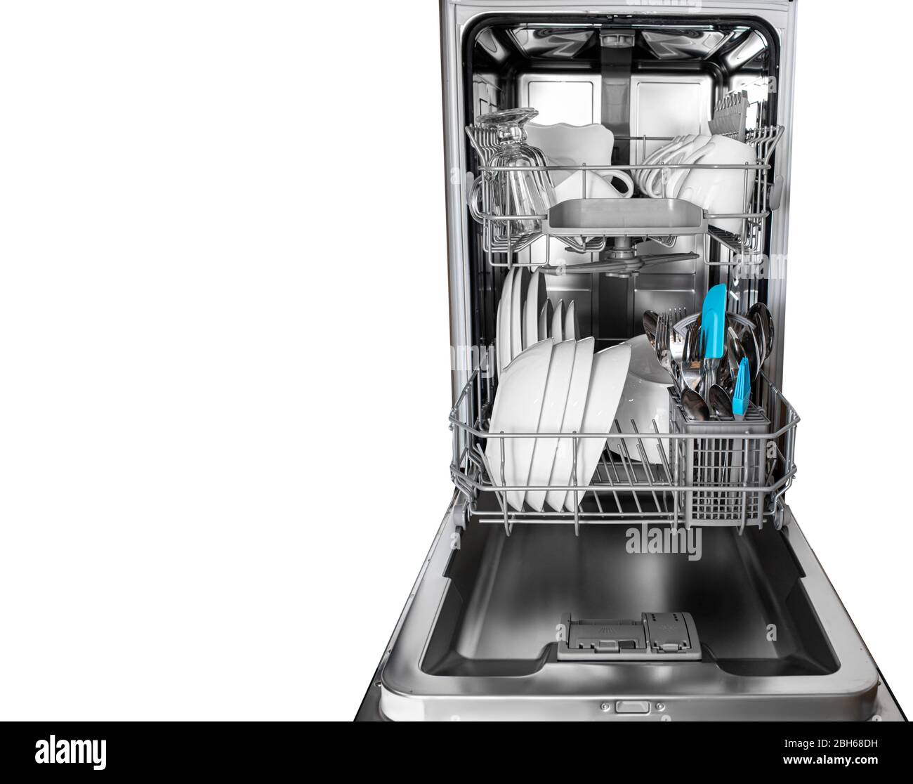 Dishwasher with clean dishes inside isolated on a white