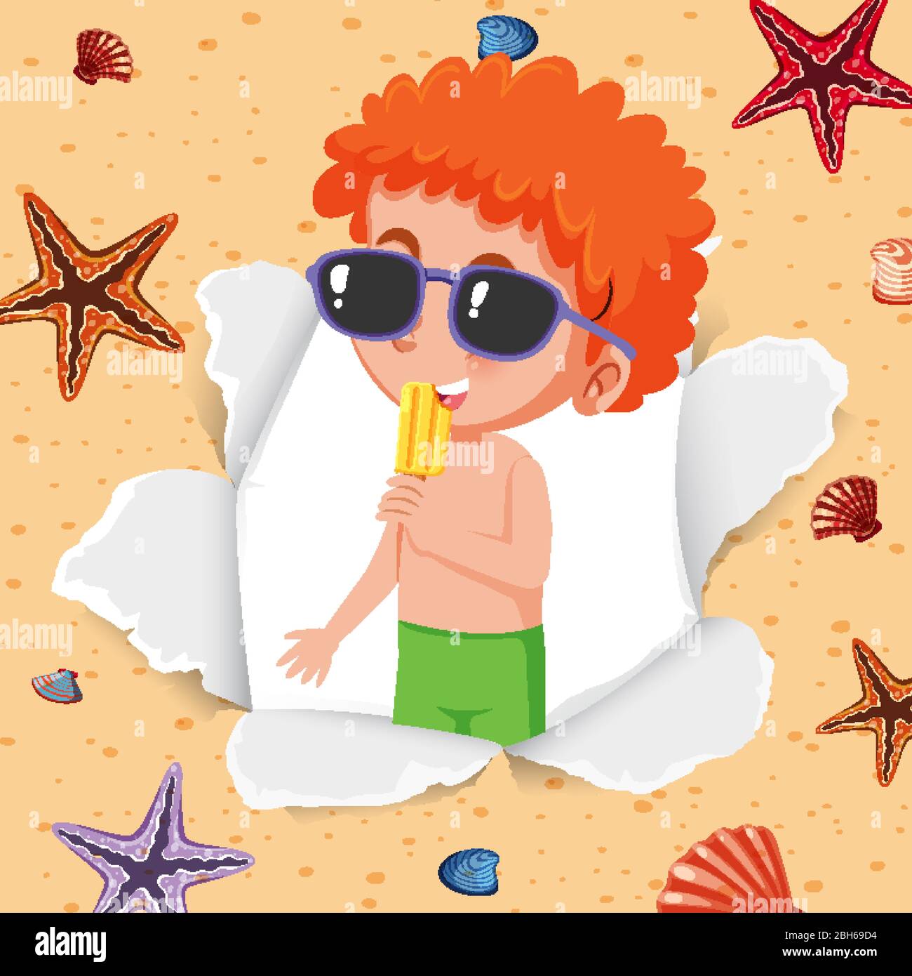 Background template design with happy kid on the beach illustration