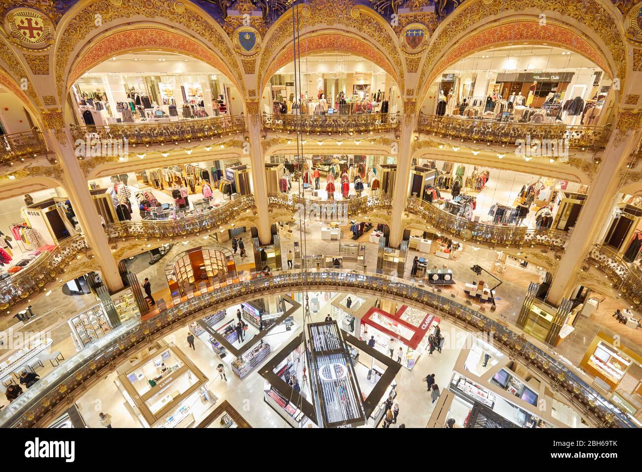 PARIS - NOVEMBER 6, 2019: Galeries Lafayette interior in Paris, high angle view with ancient arcades Stock Photo