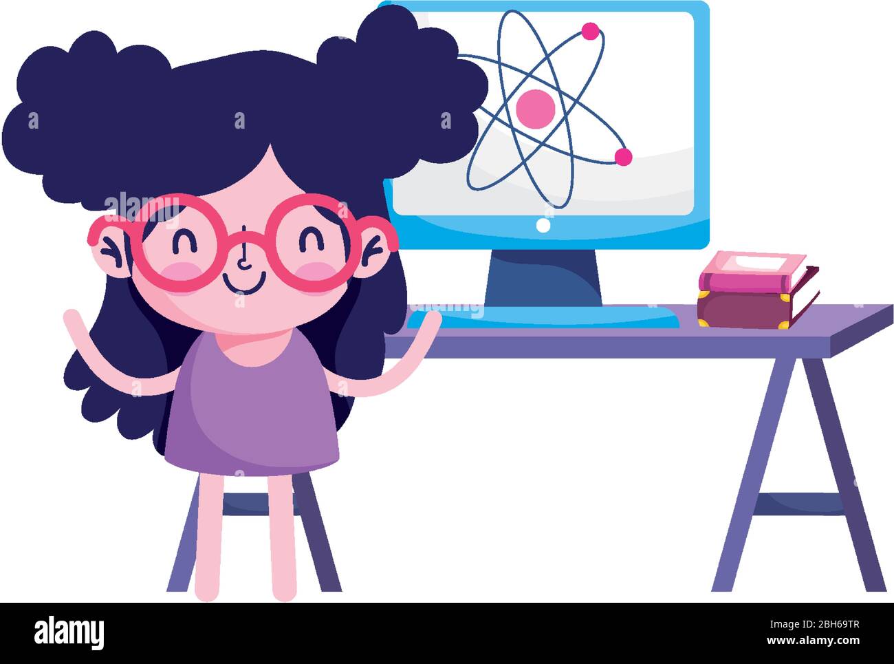 Girl kid with computer atom desk and books design, Eduaction school ...