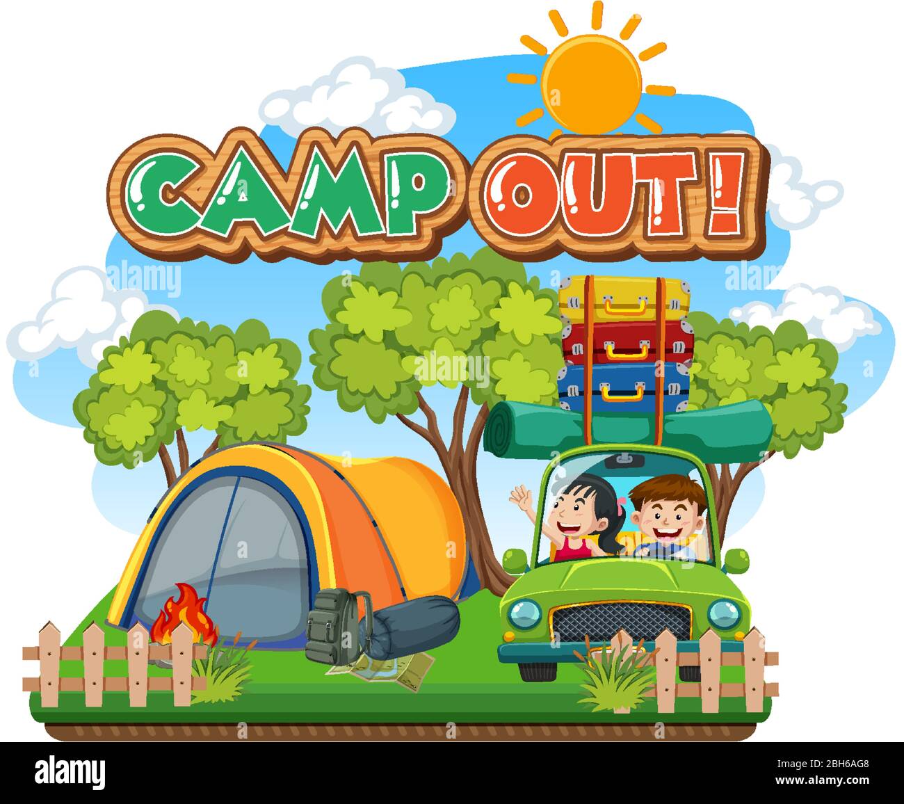 Font design for camp out with tent in the park illustration Stock ...