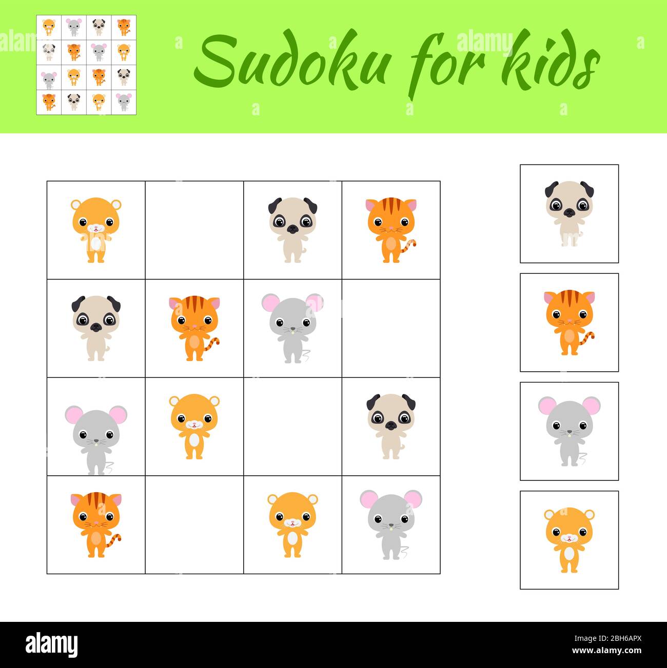 Sudoku game for children with pictures. Kids activity sheet. Educational game for preschool years kids and toddlers. Set of cute cartoon animals. Stock Vector
