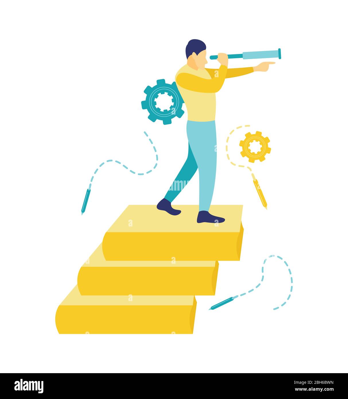 Flat vector illustration, a man standing on a pile of books carrying a telescope to see business opportunities. A man who is full of planning ahead. Stock Vector