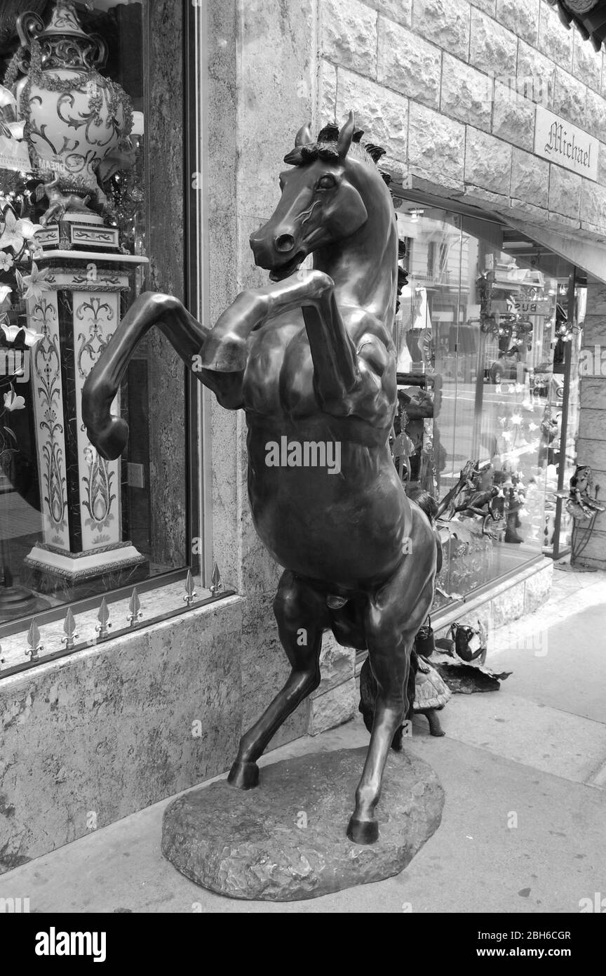 Horse in street in China town San Francisco California USA stallion statue US standing legs outside shop big large mare gelding hoof hooves stallion Stock Photo