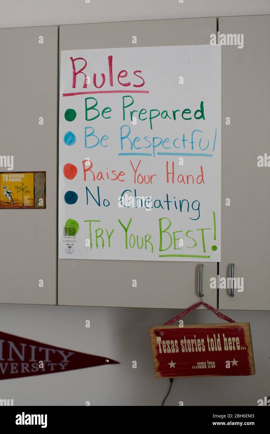 Dallas, Texas, January 23, 2009: Sign in classroom  states the rules at Peak Preparatory Academy in east Dallas, a public charter school that has shown remarkable growth in student achievement in its five-year history.  ©Bob Daemmrich Stock Photo