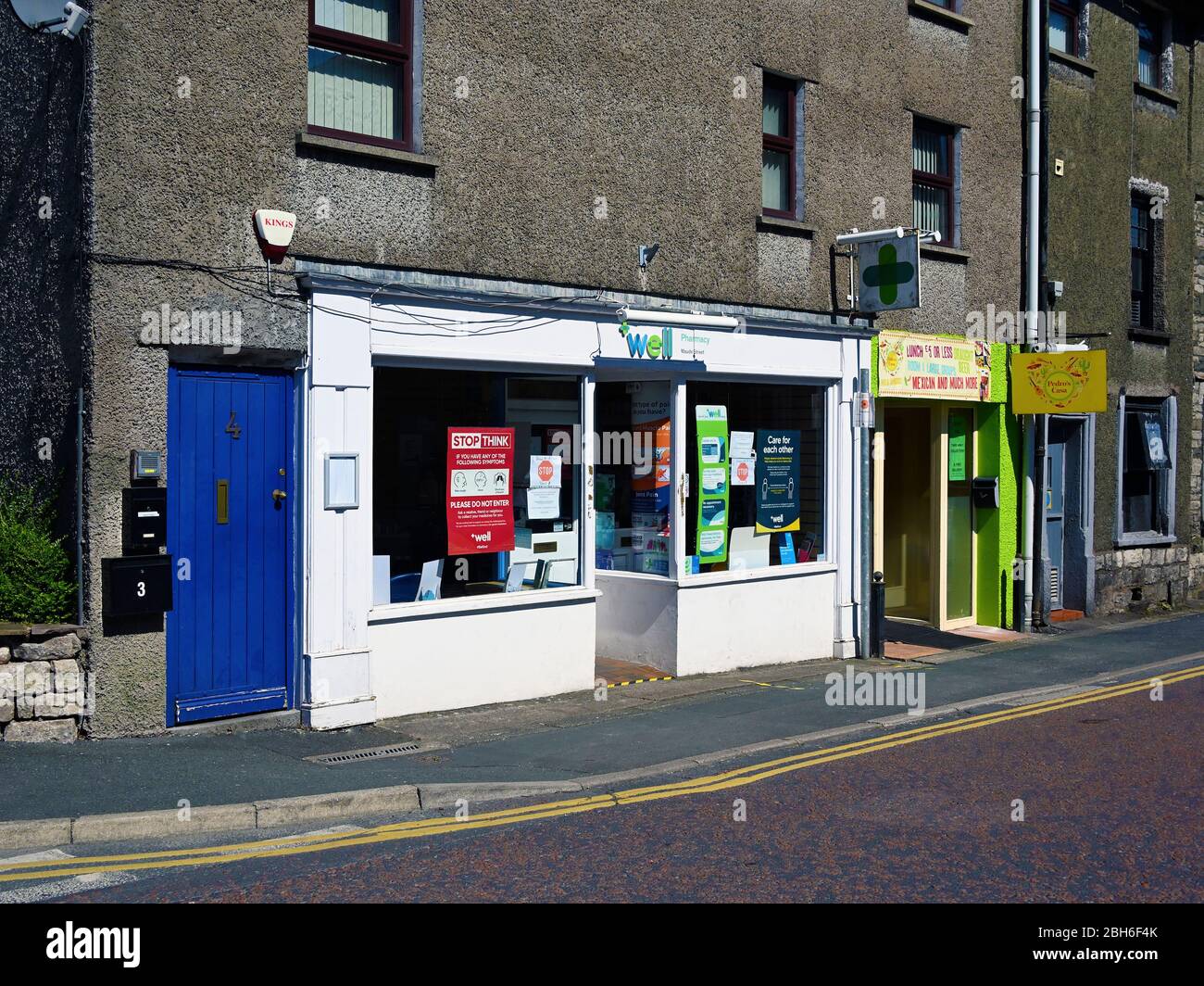 Well Pharmacy and Pedro's Casa. Maude Street, Kendal, Cumbria, England, United Kingdom, Europe. Stock Photo