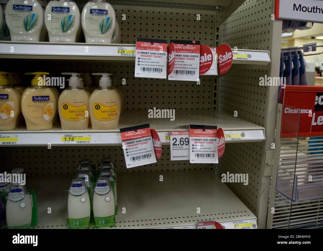 New Braunfels, Texas USA, April 30 2009: Rain checks for hand sanitizer are all that's left on the shelf at a Target store. Customers concerned about contracting the H1Ni influenza A virus or "swine flu" purchased all of the store's stock of sanitizer by Thursday morning.  ©Marjorie Kamys Cotera/Daemmrich Photos Stock Photo