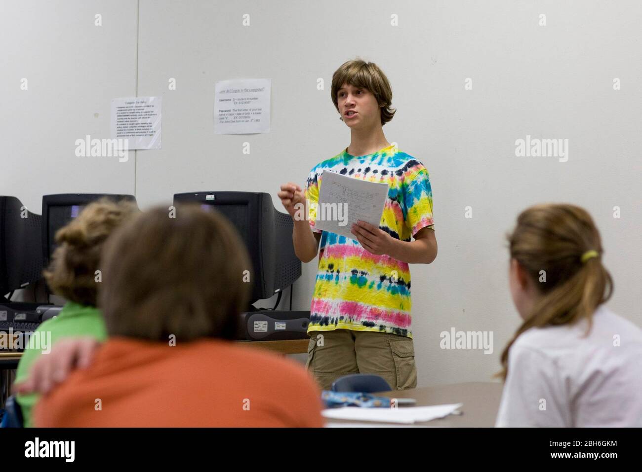 Austin, Texas USA, May 28, 2009: Sixth grader presents his final project to classmates in World Cultures class at Kealing Middle School in east Austin.  ©Bob Daemmrich Stock Photo