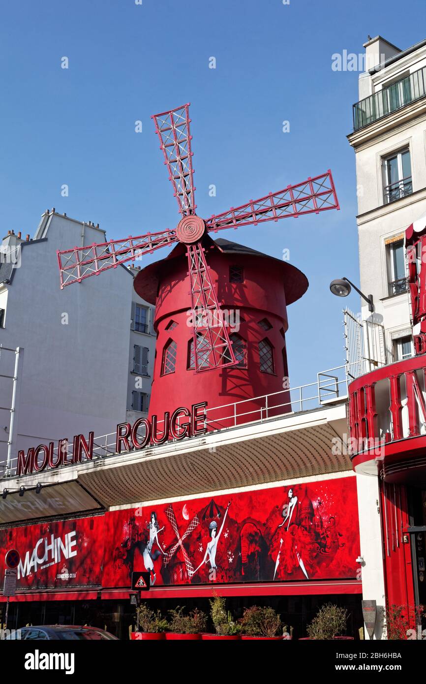 The Moulin Rouge (the Red Mill), 82 Boulevard de Clichy, Pigalle, Paris, France, in daylight. Stock Photo