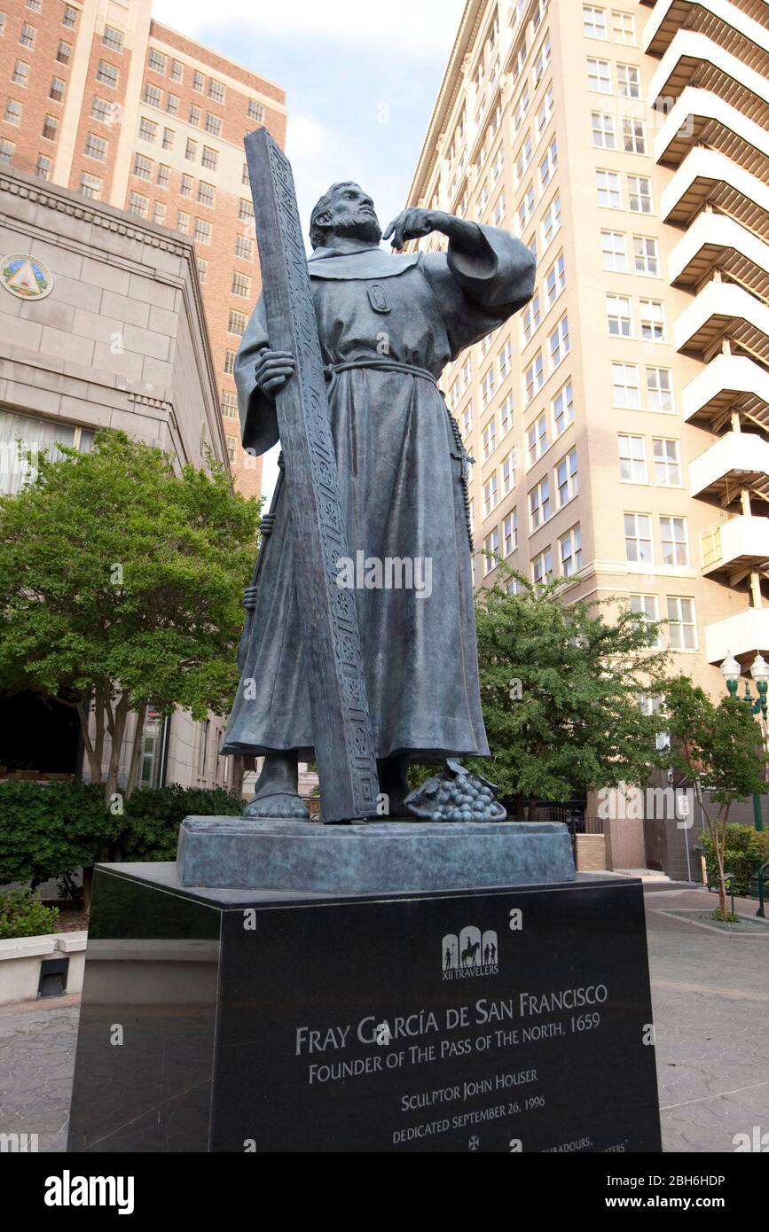 El Paso, Texas May 14, 2009: Scenes from the arts district downtown El Paso, TX showing the statue of Fray Garcia de San Francisco, the founder of El Paso in 1659, created by sculptor John Sherrill Houser.   ©Bob Daemmrich Stock Photo