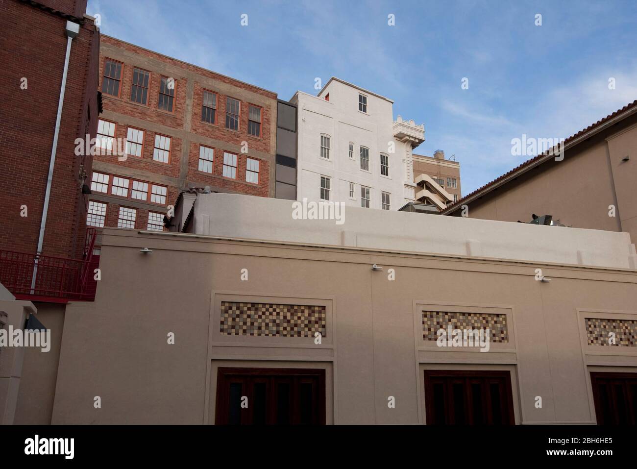El Paso, Texas May 14, 2009: Scenes from the arts district downtown El Paso, TX showing a portion of the Plaza Theater's 1930-era complex (foreground) with older buildings behind.  ©Bob Daemmrich Stock Photo