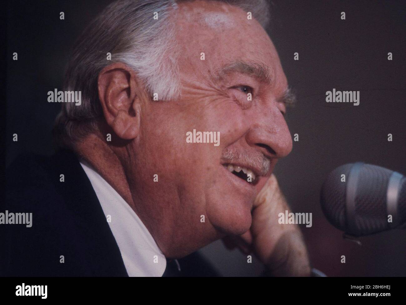 Austin, Texas USA, May 1989: Retired CBS newsman Walter Cronkite speaks at a press conference for the Lower Colorado River Authority after narrating a video on environmental protection for the central Texas agency.  ©Bob Daemmrich Stock Photo