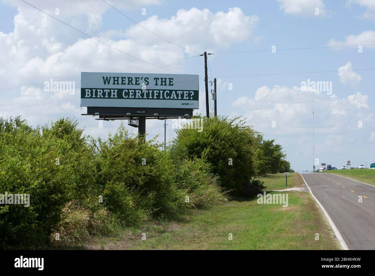 Bruceville-Eddy, Texas - August 18, 2009: A billboard along Interstate 35 south of Waco mounted by the conservative group WND.com questions the validity of U.S. President Barack Obama's birth certificate. The effort is being coordinated nationwide by WorldNetDaily as part of an effort to discredit Obama's citizenship.  ©Bob Daemmrich Stock Photo