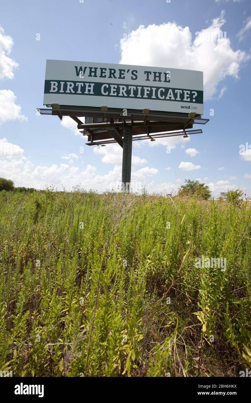 Bruceville-Eddy, Texas USA, August 18, 2009: A billboard along Interstate 35 south of Waco mounted by the conservative group WND.com questions the validity of U.S. President Barack Obama's birth certificate. The effort is being coordinated nationwide by WorldNetDaily as part of an effort to discredit Obama's citizenship.  ©Bob Daemmrich Stock Photo