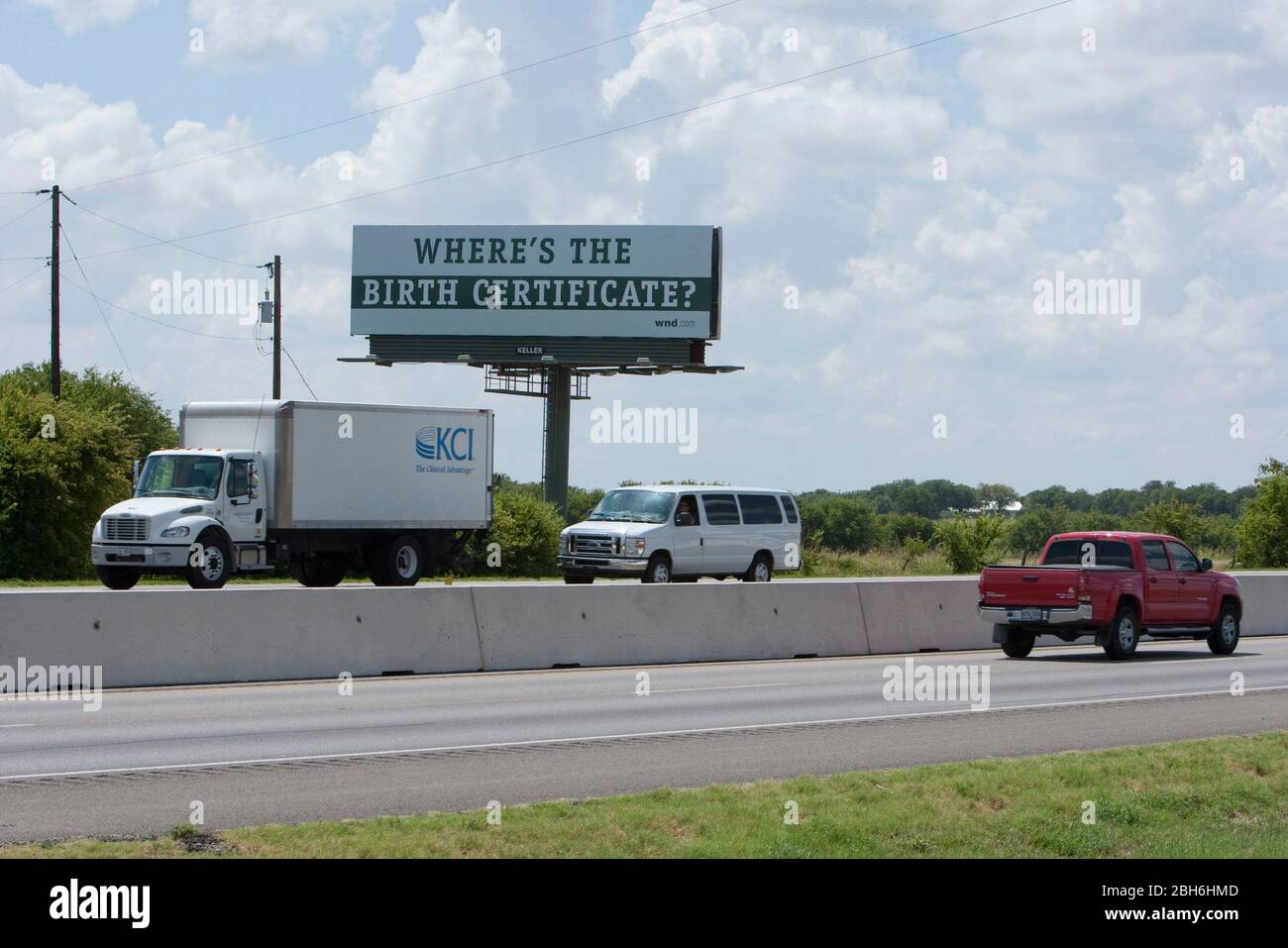 Bruceville-Eddy, Texas USA, August 18, 2009: A billboard along Interstate 35 south of Waco mounted by the conservative group WND.com questions the validity of U.S. President Barack Obama's birth certificate. The effort is being coordinated nationwide by WorldNetDaily as part of an effort to discredit Obama's citizenship.  ©Bob Daemmrich Stock Photo