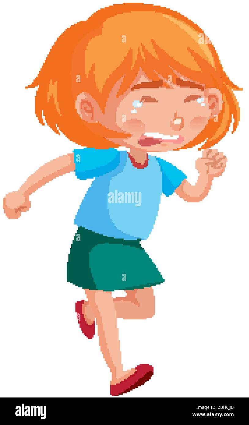 Sad girl running with tears on white background illustration Stock