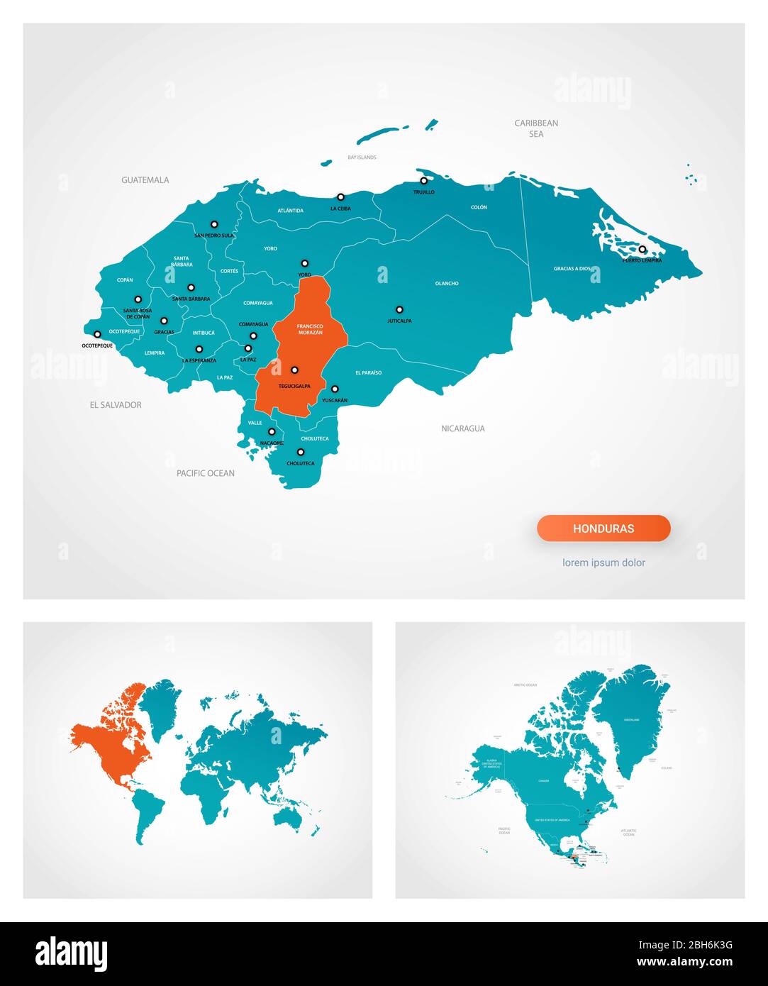 Editable template of map of Honduras with marks. Honduras on world map ...