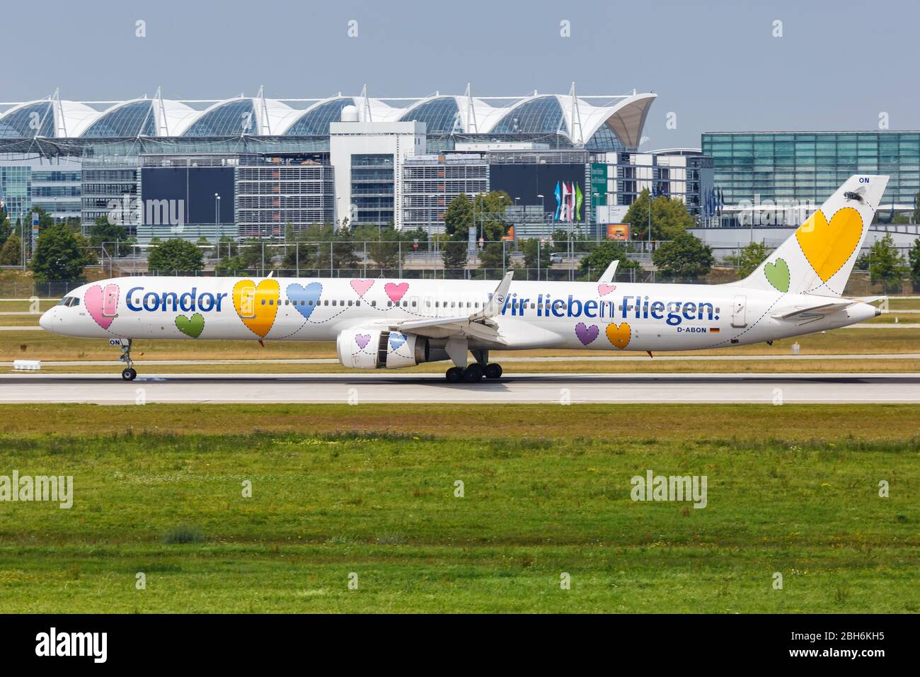 Munich, Germany – July 20, 2019: Condor Boeing 757-300 airplane at Munich airport (MUC) in Germany. Boeing is an American aircraft manufacturer headqu Stock Photo