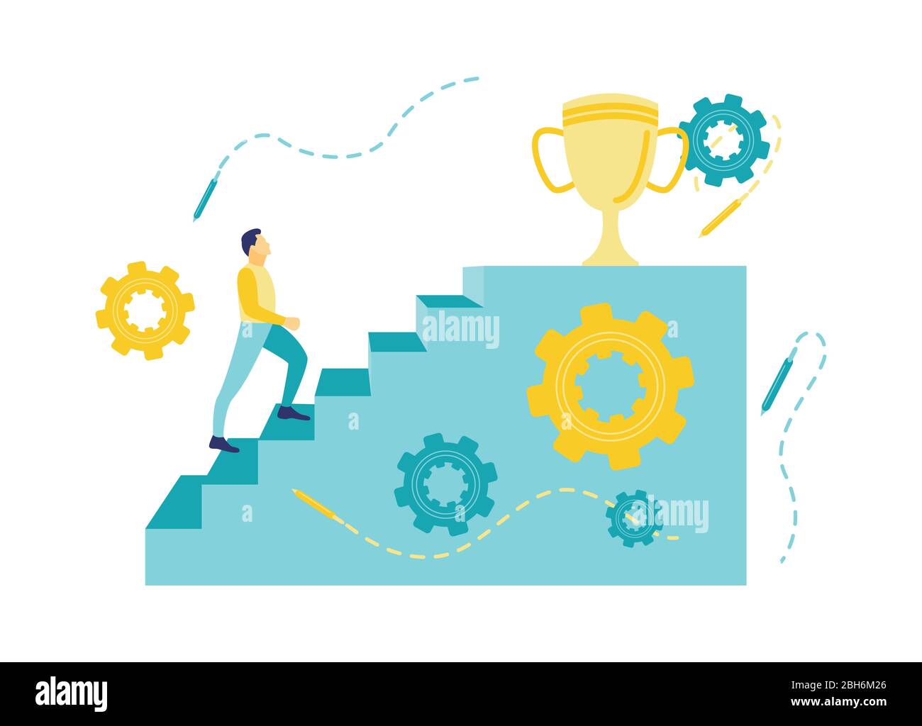 Flat vector illustration of a business concept, man walking on the stairs to success with the trophy symbol. Stock Vector