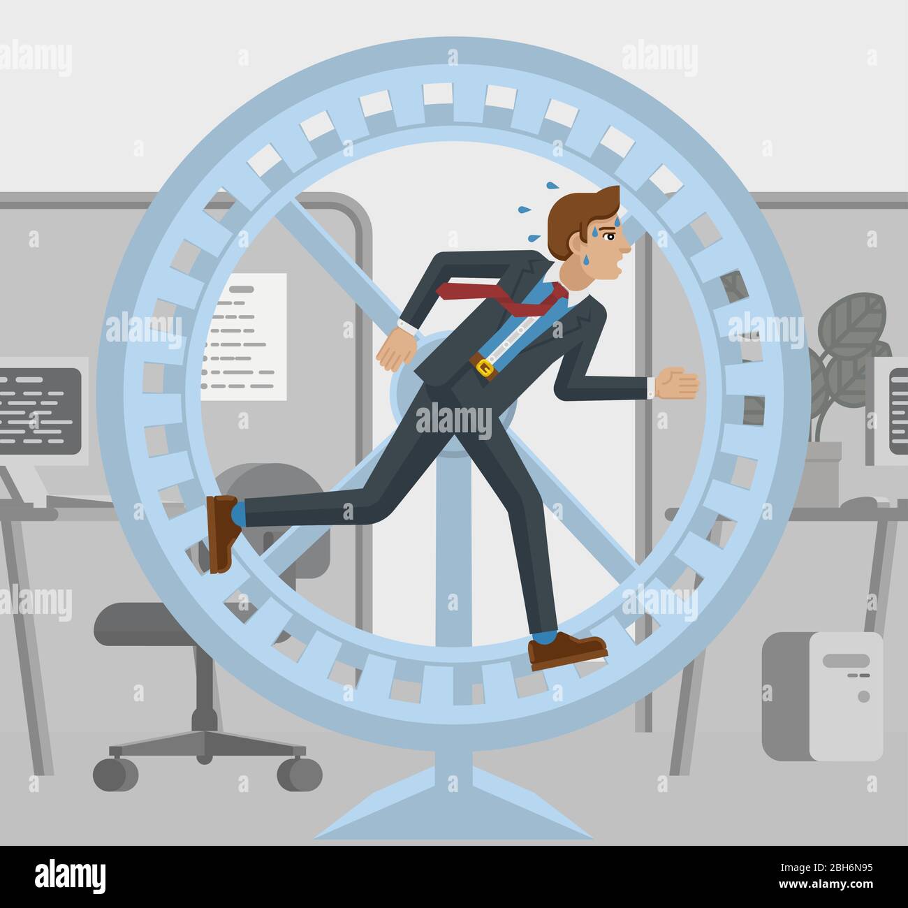 Tired Business Man Running Hamster Wheel Concept Stock Vector