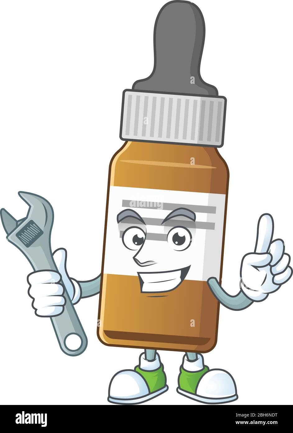 A mechanic liquid bottle mascot character fix a broken machine Stock Vector