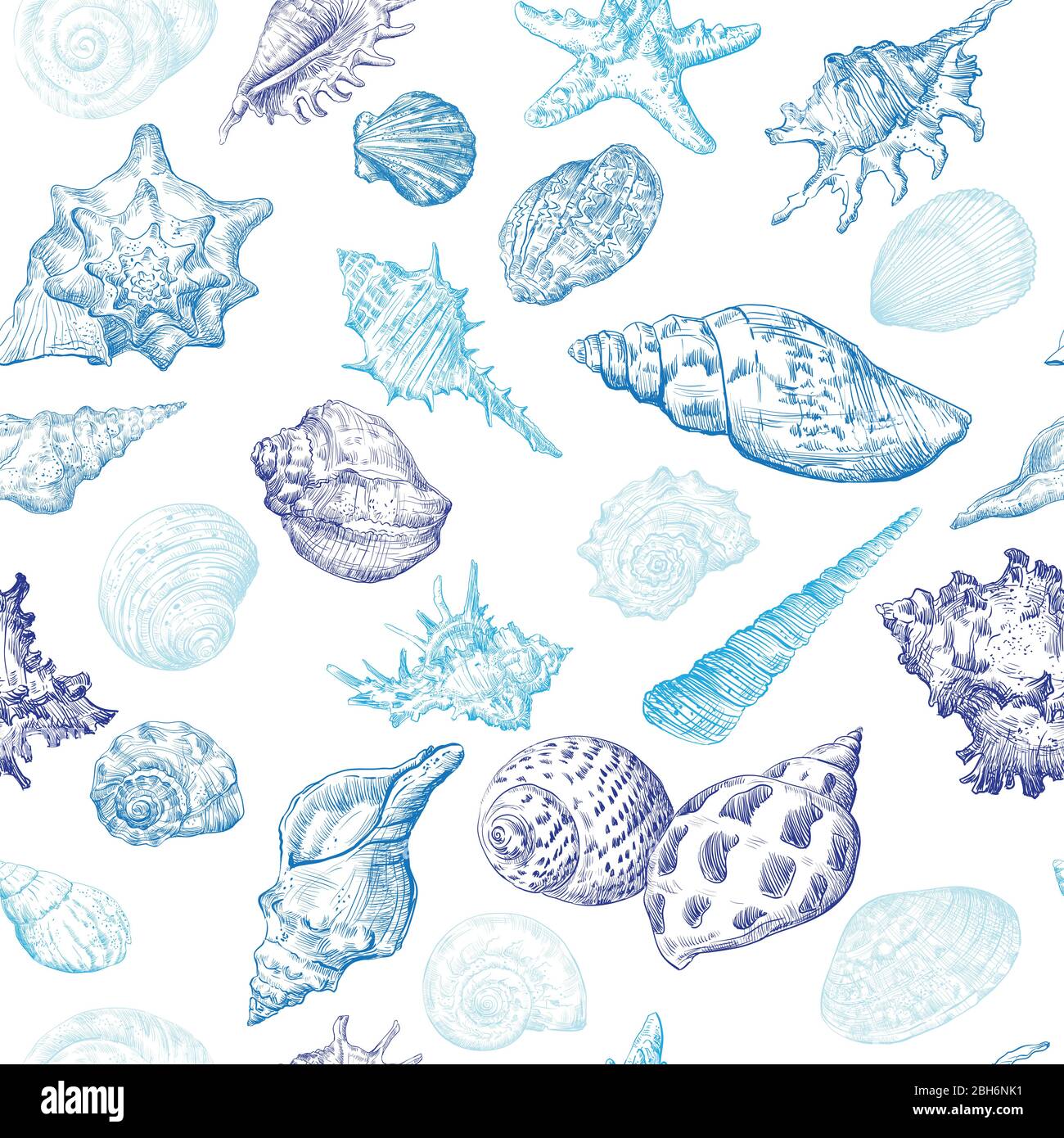 Seamless pattern with hand drawing sketch seashells. Vector illustration of seashells in blue color isolated on white background. Design travel summer Stock Vector