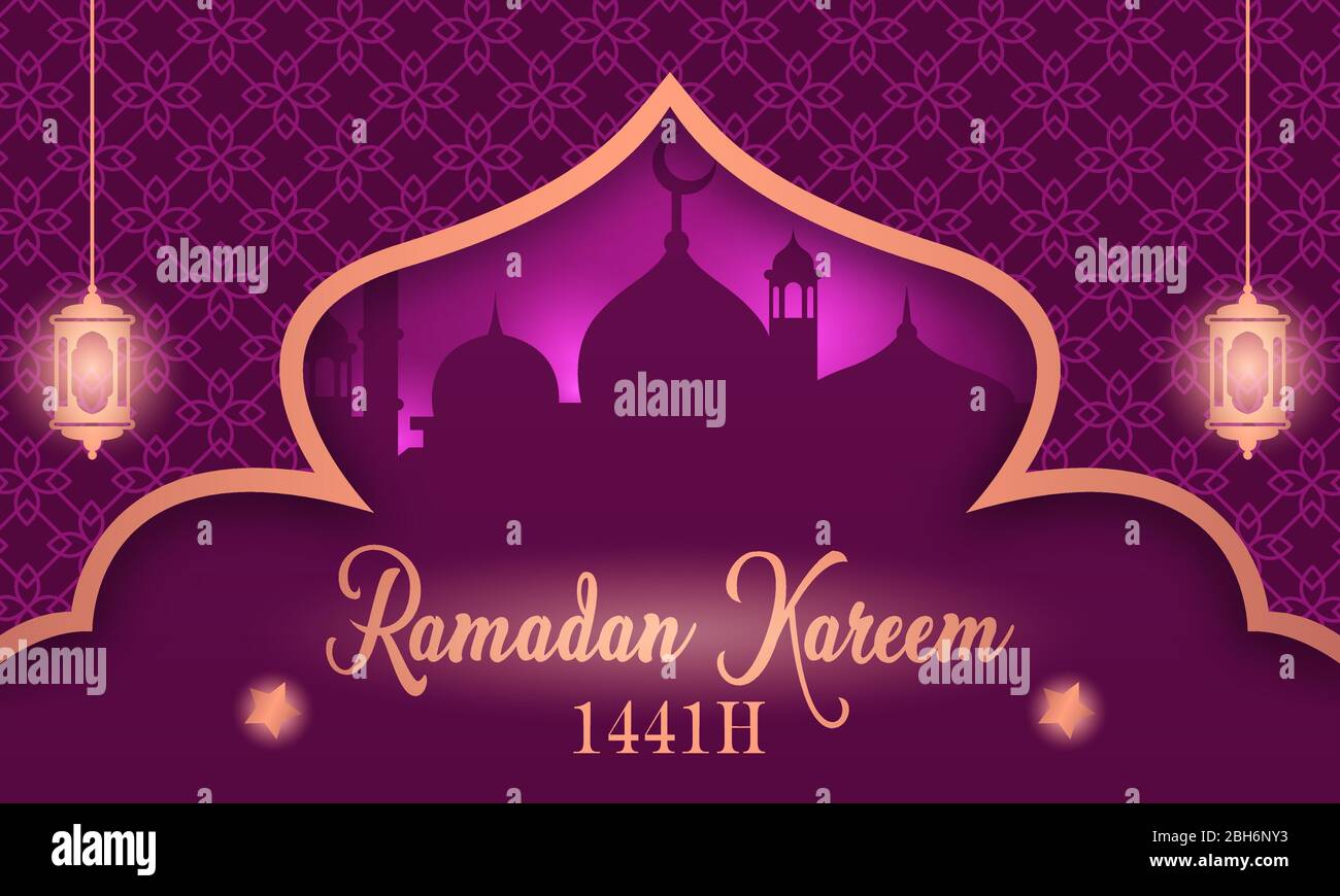 Ramadan kareem banner with a shining orange Arabic lantern and a purple mosque silhouette, on a purple background and Islamic pattern. Stock Vector