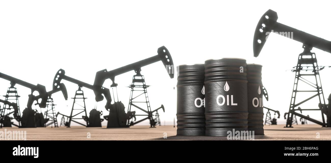 oil barrels and pumps for extraction in the background. 3d render. concept of raw materials, fossil energy. nobody around horizontal format. Stock Photo