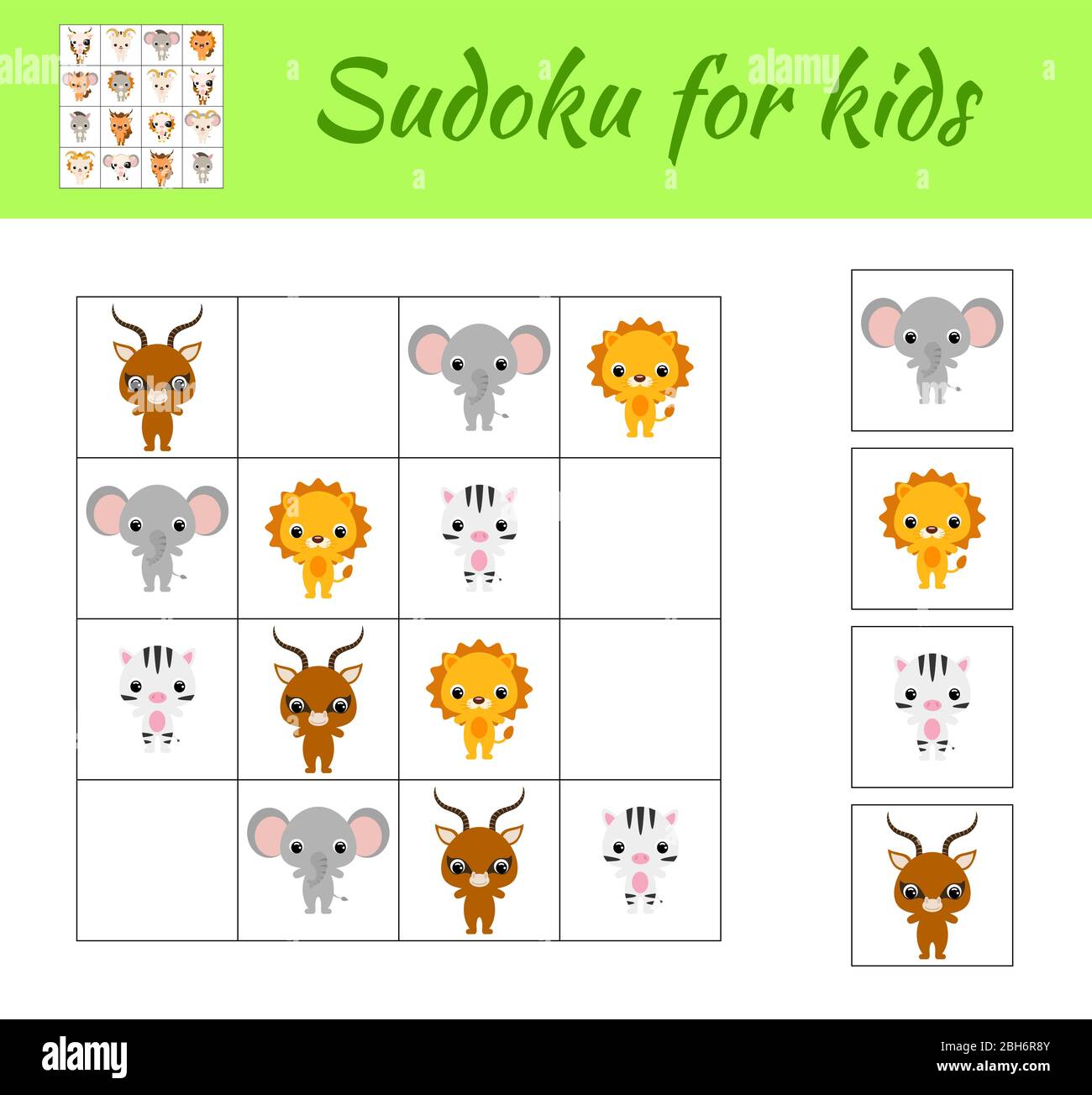 Sudoku game for children with pictures. Kids activity sheet. Educational game for preschool years kids and toddlers. Set of cute cartoon animals. Stock Vector