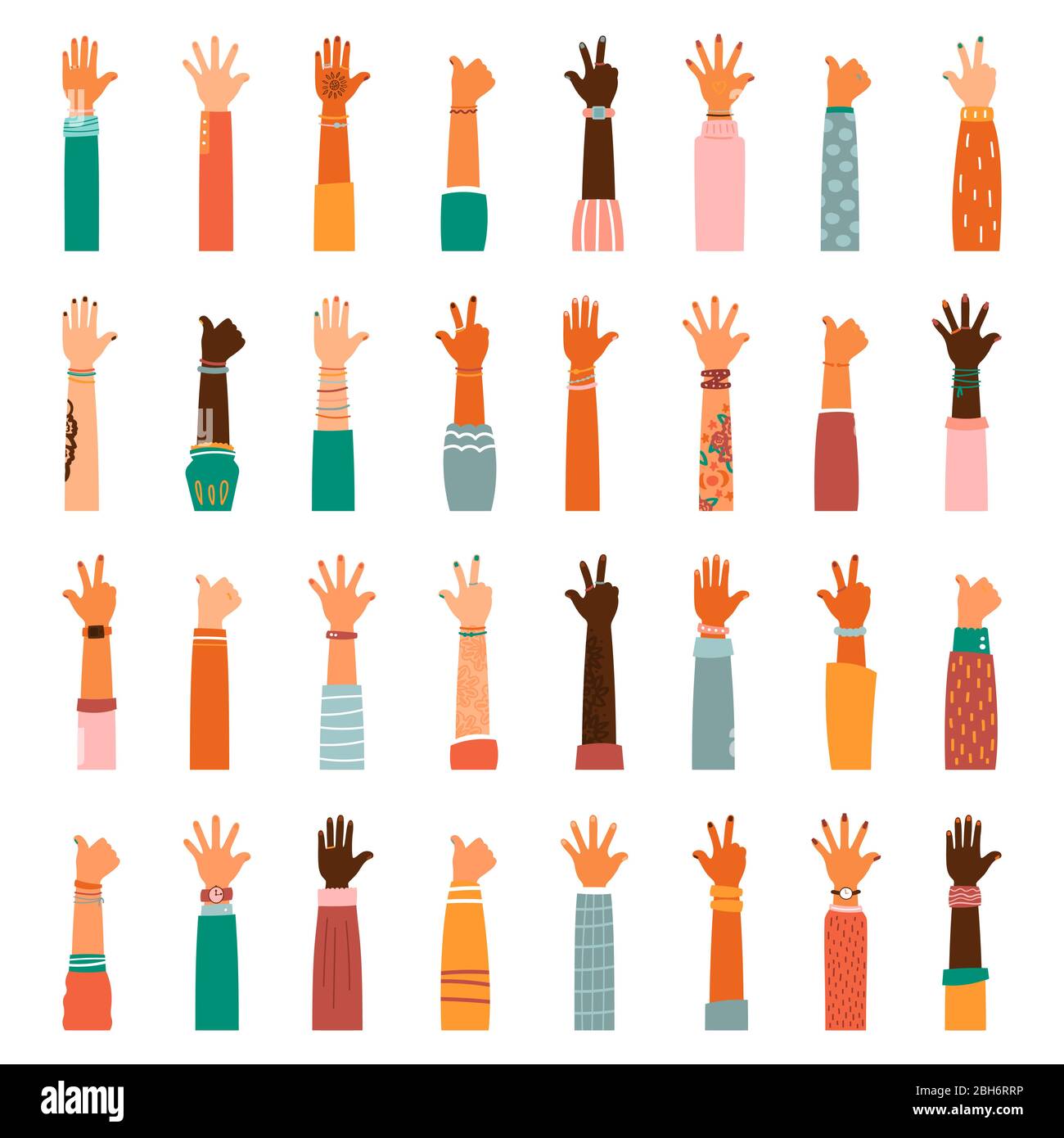 Set of different races raised up hands. The concept of education, business training, volunteering charity, party. Stock Vector