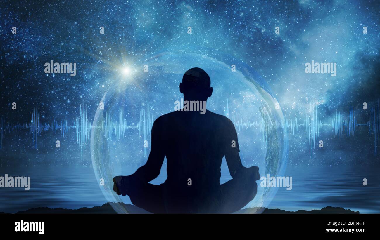 Yoga cosmic space meditation illustration, silhouette of man practicing outdoors at night Stock Photo