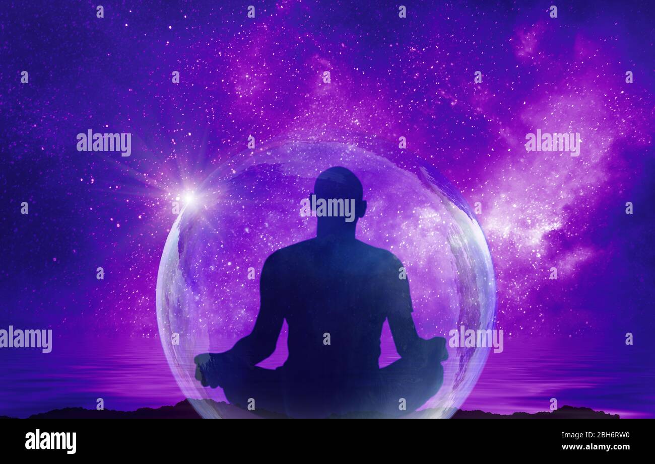 Yoga cosmic space meditation illustration, silhouette of man practicing outdoors at night Stock Photo