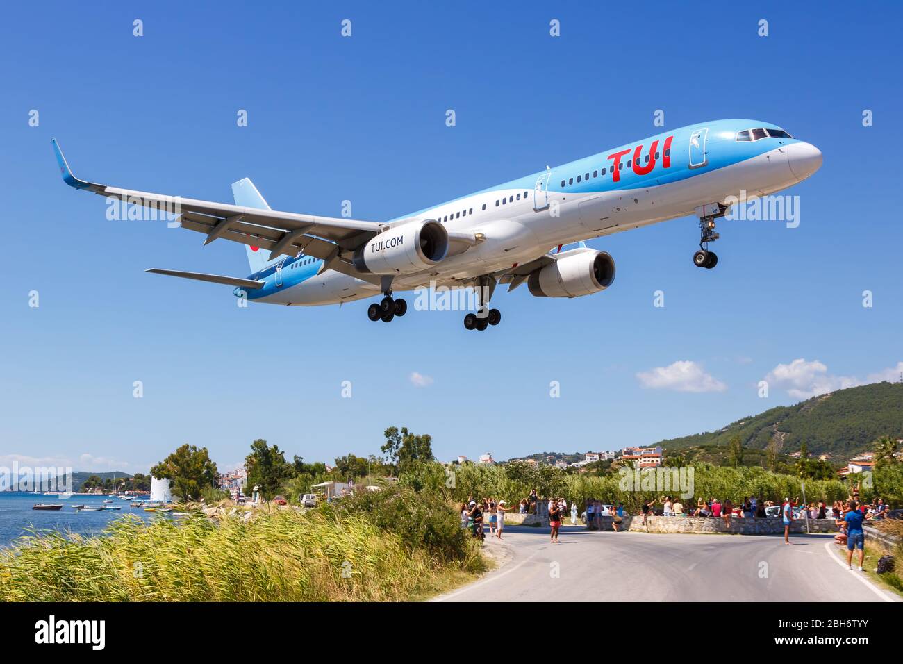 Skiathos, Greece – July 30, 2019: TUI Boeing 757-200 airplane at Skiathos airport (JSI) in Greece. Stock Photo