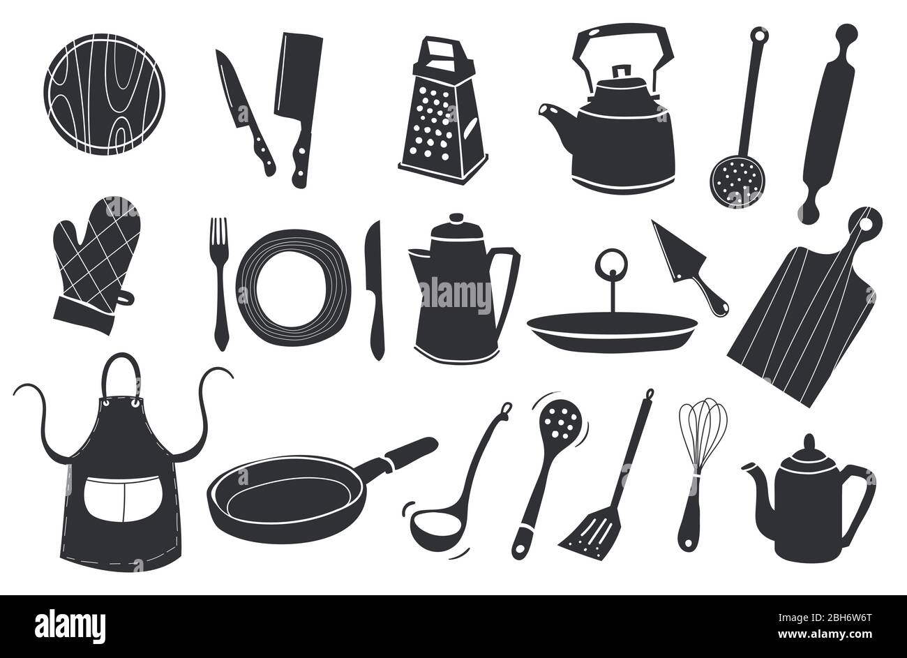 black and white silhouette doodle vector icon set. Stock Vector