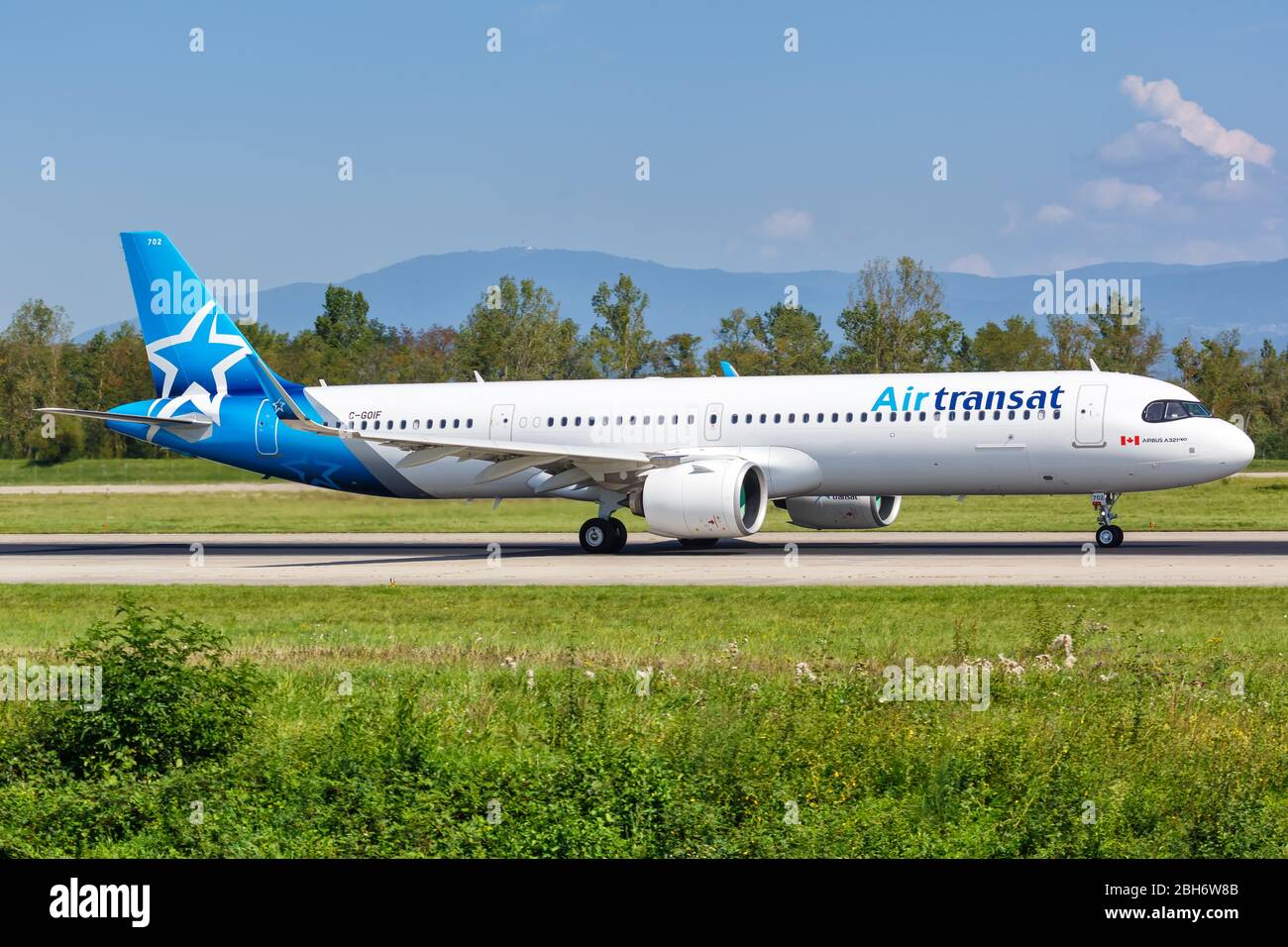 Mulhouse, France – August 31, 2019: Air Transat Airbus A321neo airplane at Basel Mulhouse airport (EAP) in France. Stock Photo