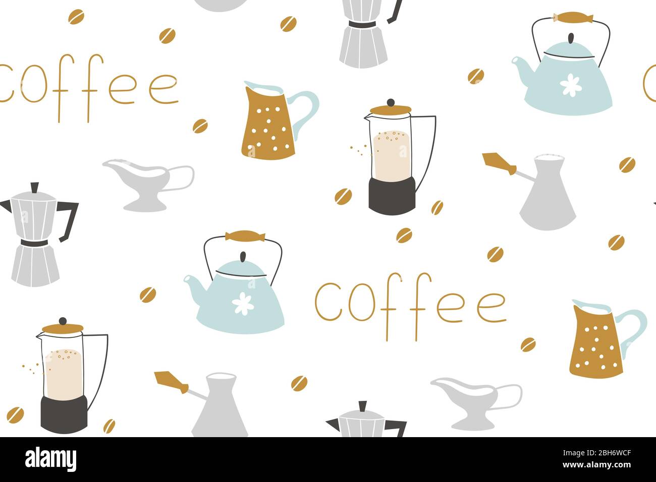 Hand drawn various coffee cups. Vector seamless pattern. Blue background Stock Vector