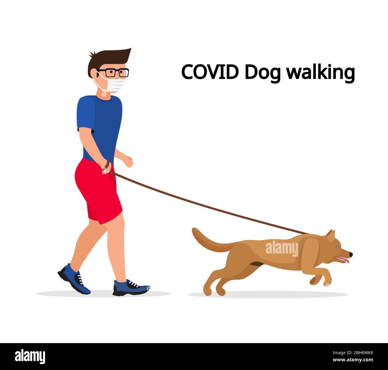Man in white medical protective mask and medical gloves, walking with their dog. Coronavirus quarantine vector illustration. Protect from COVID-19 vir Stock Vector
