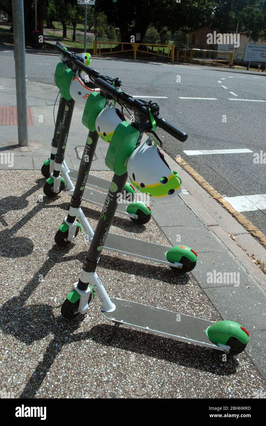LimeS electric scooters parked in Brisbane city centre, Queensland
