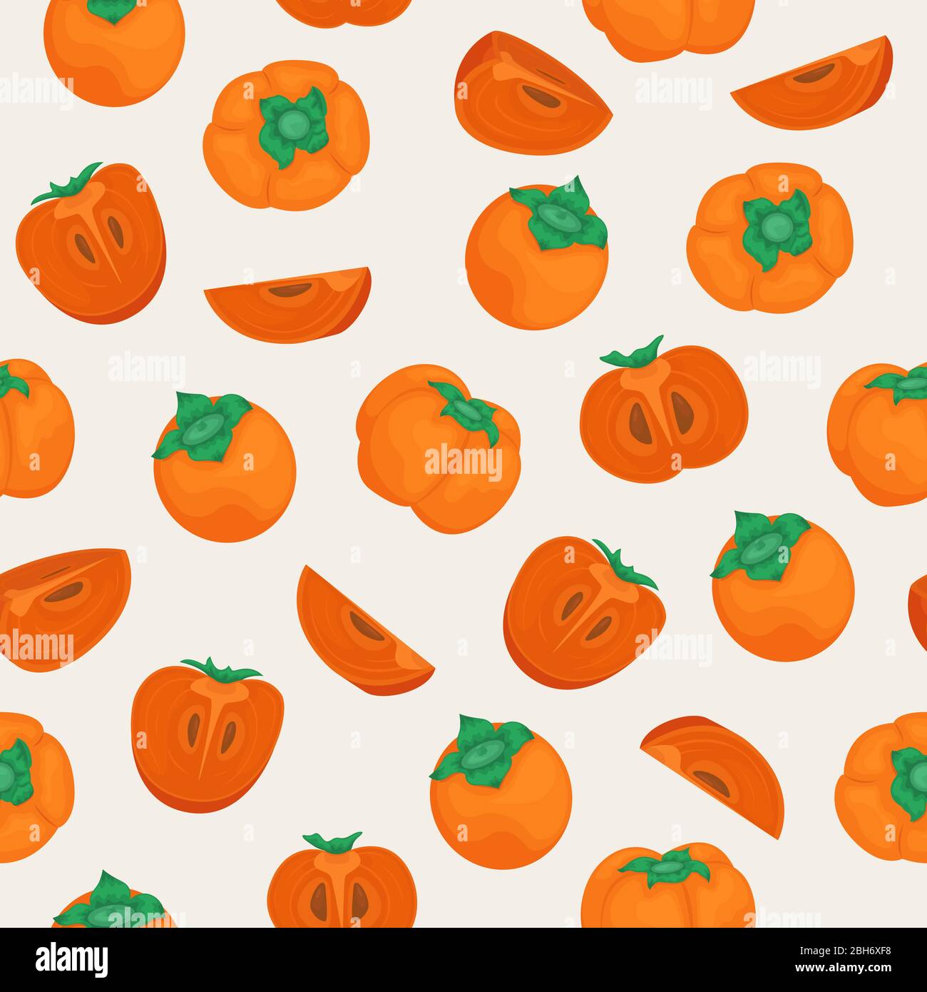 Seamless vector pattern with ripe persimmon. Whole persimmons and pieces. Stock Vector