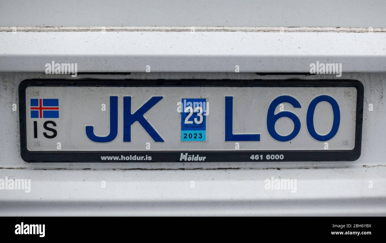 A typical Icelandic car number/car license plate on a vehicle in