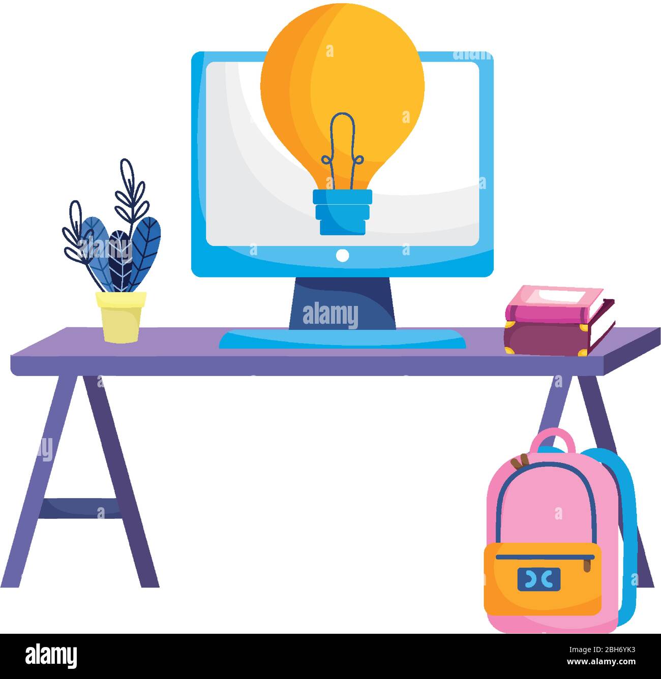 Computer desk plant books bag and light bulb design, Eduaction school ...