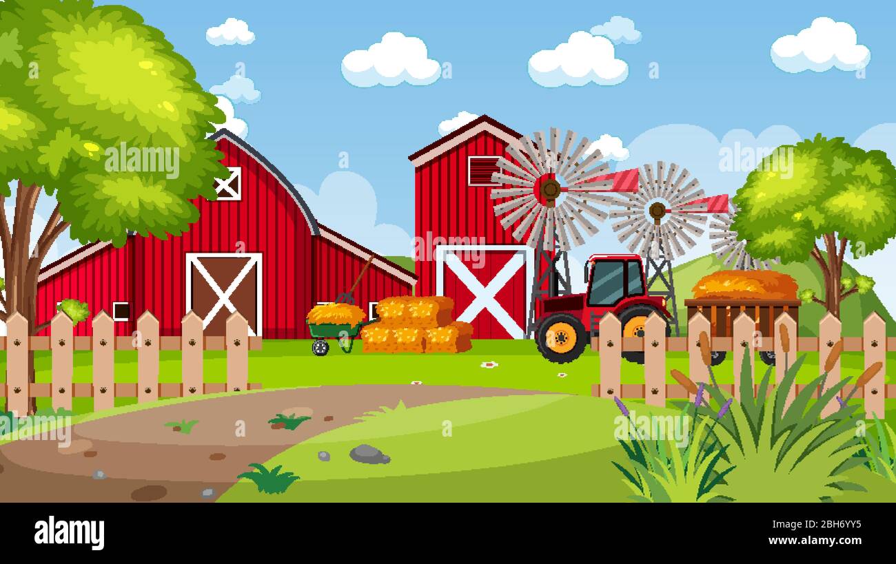Background scene with red barns in the park illustration Stock Vector ...