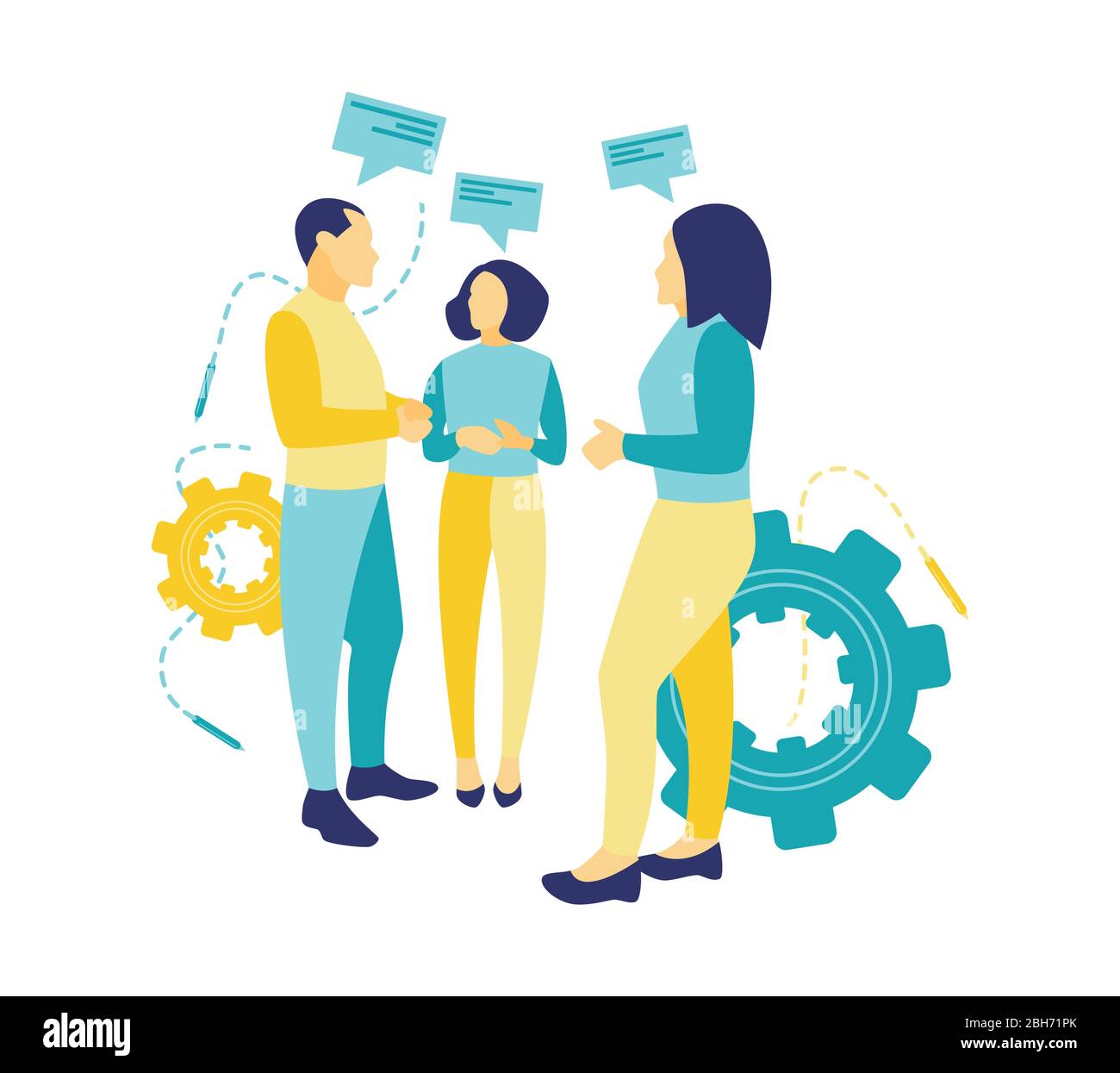 Flat vector illustration of a business concept, Three people stand talking about the progress of their business. Teamwork in business. Stock Vector