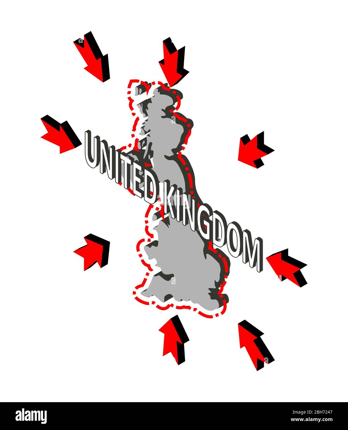 United Kingdom closes borders, quarantine, protection against coronavirus. Ban on crossing borders. Vector isometric image of UK map with arrows aroun Stock Vector