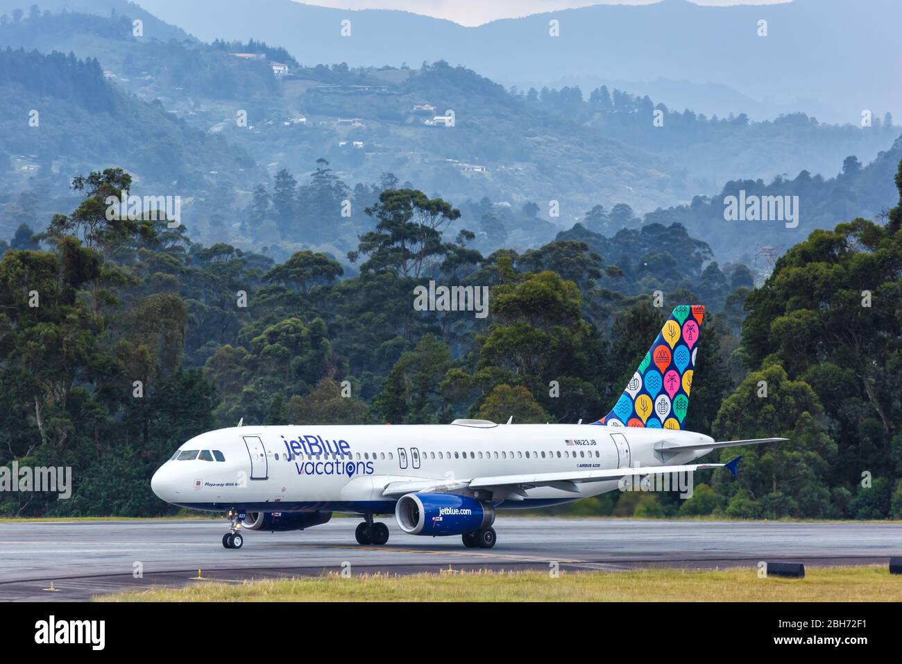 Medellin, Colombia – January 27, 2019: JetBlue Airbus A320 airplane at Medellin airport (MDE) in Colombia. Stock Photo