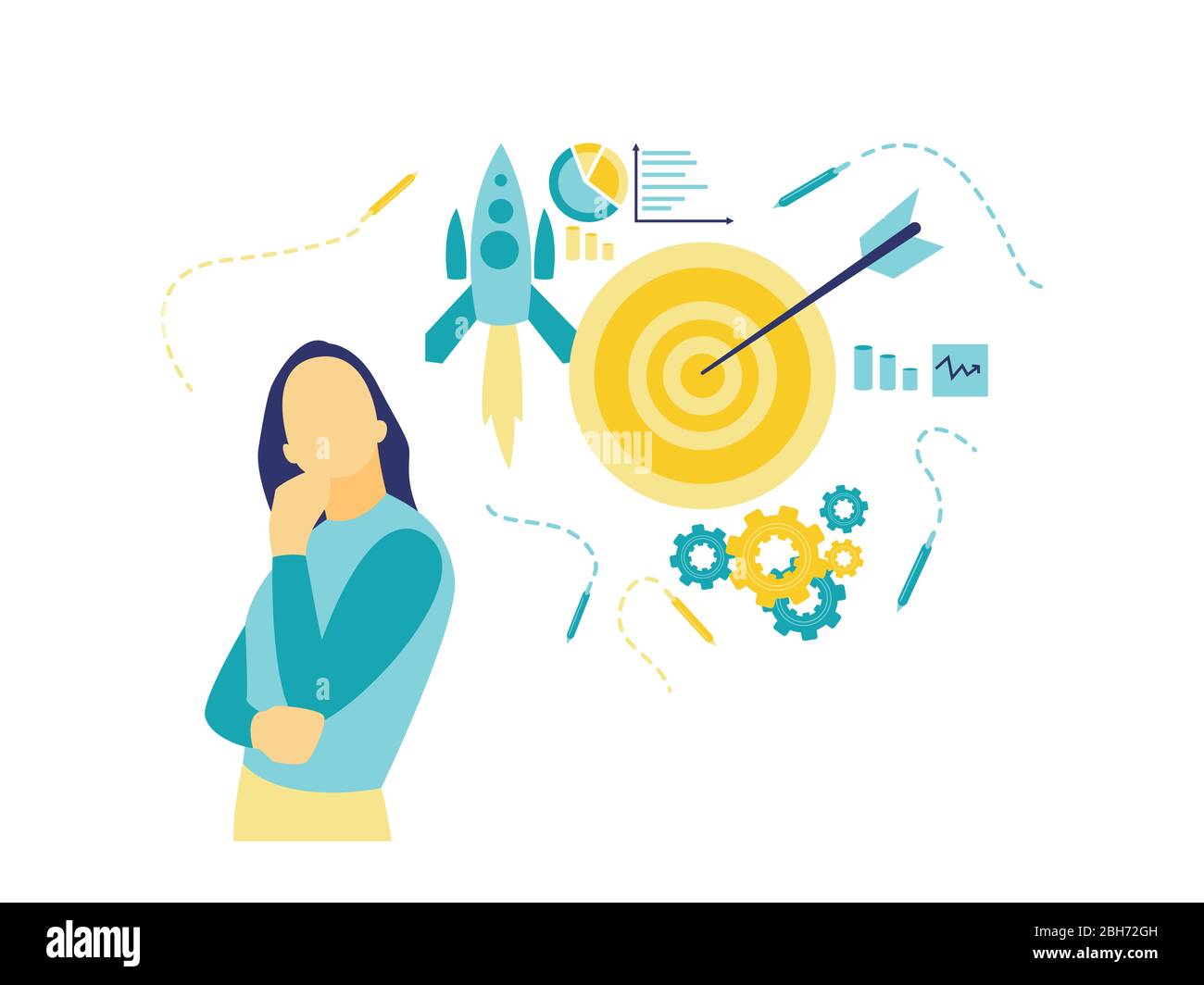 Flat vector illustration of a business concept, a woman looking up, a picture of a target surrounded by pictures of rocket, charts, cogwheels Stock Vector