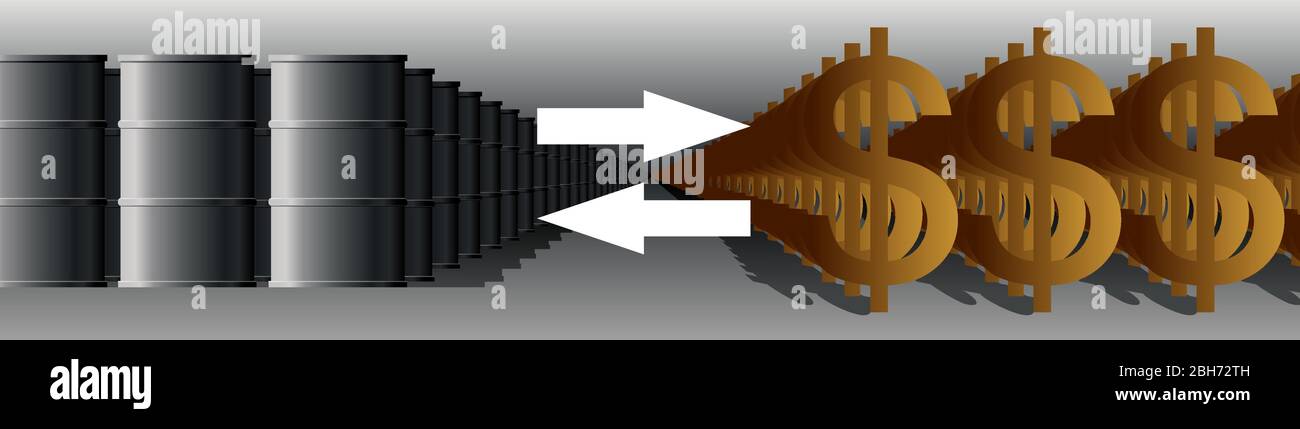 Vector image of rows of barrels and dollars extending into the distance, arrows. Oil prices, the cost of a barrel in dollars. Oil crisis. Banner for t Stock Vector