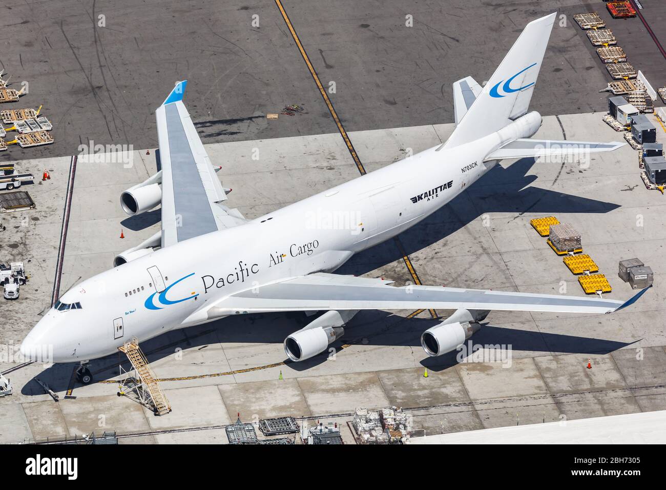 Los Angeles, California – April 14, 2019: Aerial photo of Pacific Air Cargo Boeing 747-400(BCF) airplane at Los Angeles International Airport (LAX) in Stock Photo